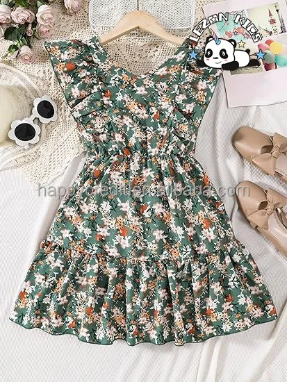 LEZONKIDS - 2024 Hot Sale Ruffle Trim Sleeveless Round Neck Floral Print A Line Short Dress for girls
